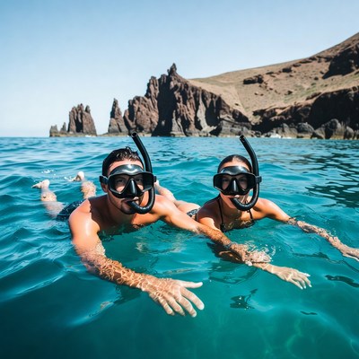 Couple snorkeling in turquoise ocean