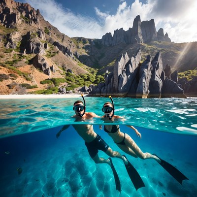 Couple snorkeling in clear tropical waters