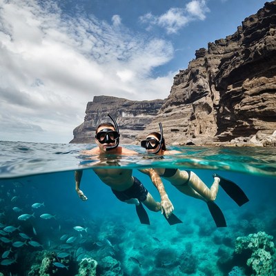 Couple snorkeling with fish near cliffs