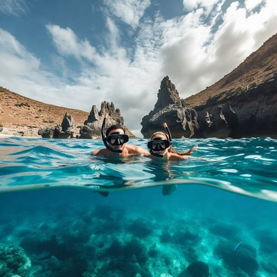 Couple snorkeling in clear ocean water