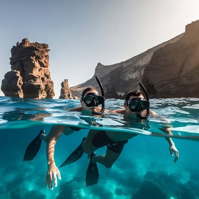 Couple snorkeling near rocky cliffs