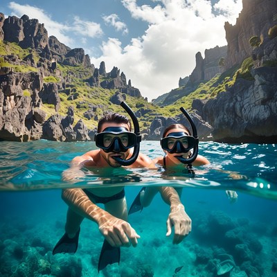 Couple snorkeling in clear ocean water