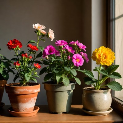 Colorful Potted Flowers on Windowsill