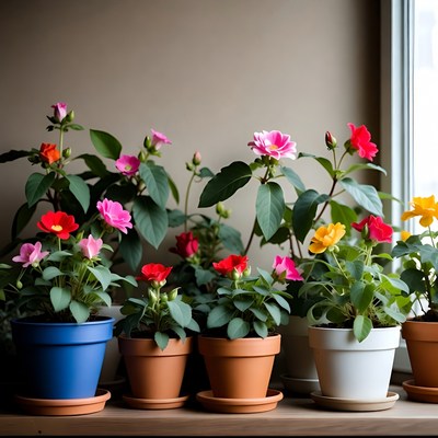 Colorful Potted Flowers on Windowsill