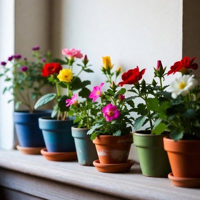 Colorful Flowers in Assorted Pots on Windowsill