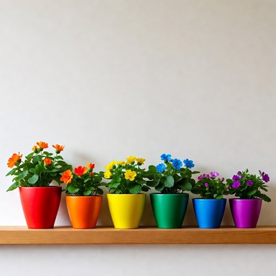 Rainbow Plants in Colored Pots on Shelf