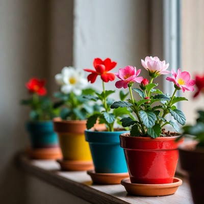 Colorful flowers in pots on windowsill