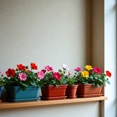 Colorful Daisies in Pots on Shelf
