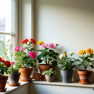 Colorful Potted Flowers on Windowsill