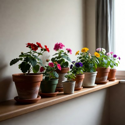 Colorful Potted Flowers on Windowsill