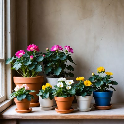 Colorful Geraniums on Windowsill