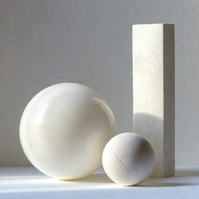 White Sphere and Cube on Gray Background