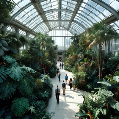 People Walking in Glass Conservatory