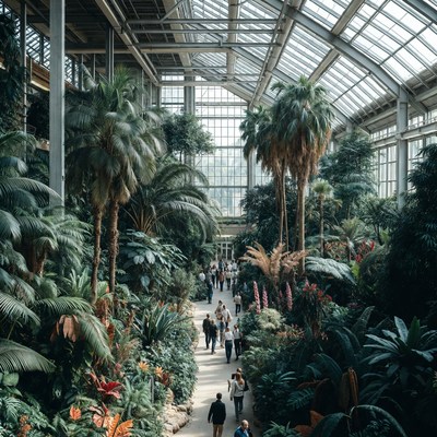 Crowd walking in lush greenhouse