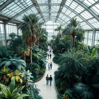 People Walking in Lush Glass Conservatory