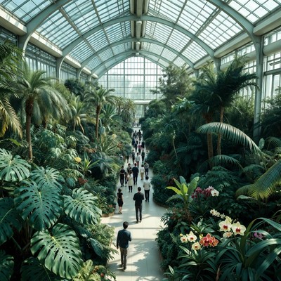 People Walking in Lush Glass Conservatory