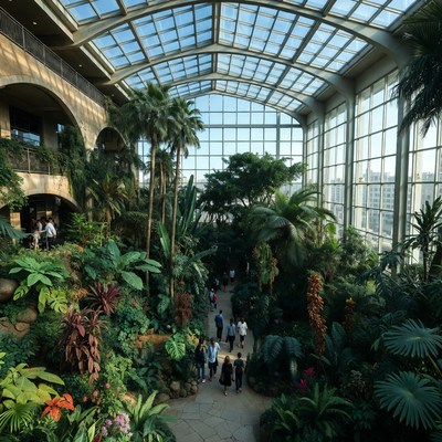 Glass Conservatory with Tropical Plants and Visitors