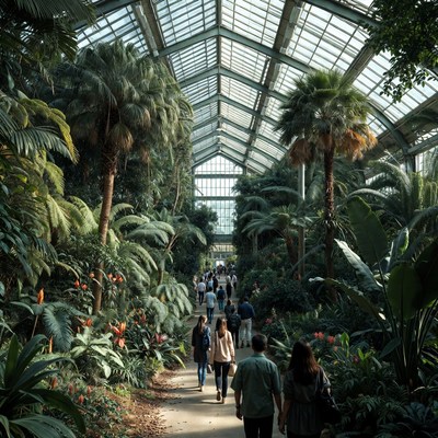 People walking in lush greenhouse