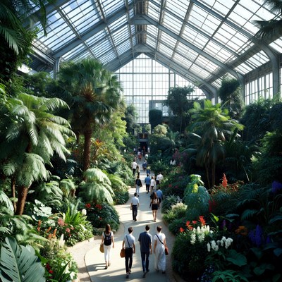 People Walking in Lush Glass Conservatory