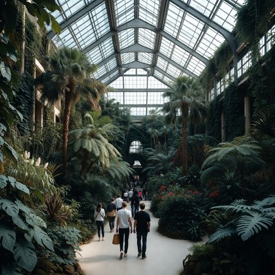 People Walking in Lush Glass Conservatory