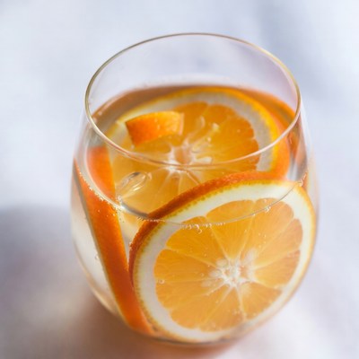 Orange slices in water glass