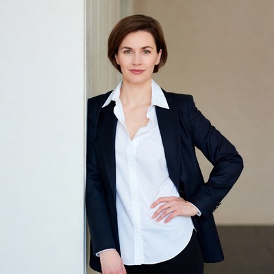 Business woman in navy blazer suit