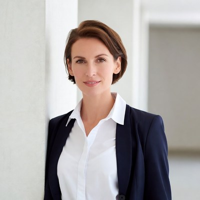 Business woman leaning against pillar