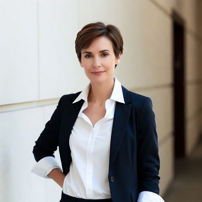Woman in black blazer against white wall