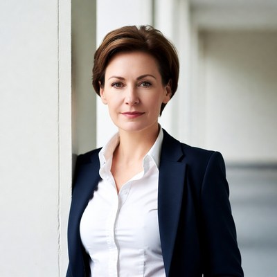 Business woman leaning against pillar