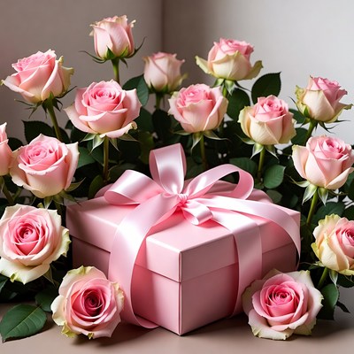 Pink Roses Bouquet Around Gift Box