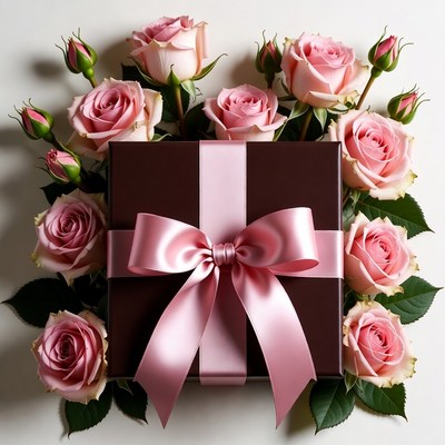 Pink Roses Surrounding Gift Box