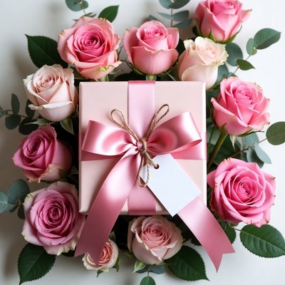 Pink Roses Surrounding Gift Box