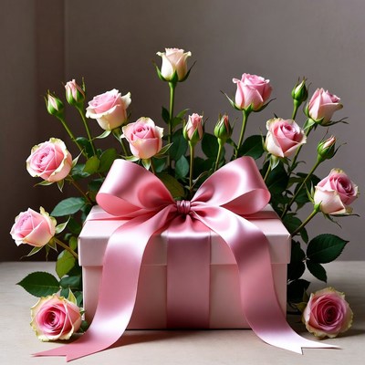 Pink Roses Bouquet on Gift Box