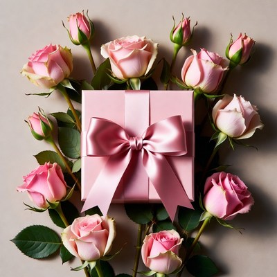 Pink Roses Surrounding Gift Box