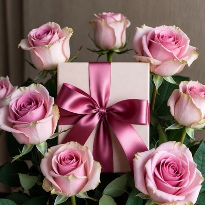 Pink Roses Surrounding Gift Box