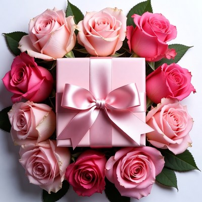 Pink Roses Surrounding Gift Box