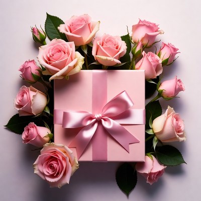 Pink Roses Surrounding Gift Box