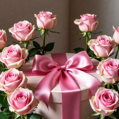 Pink Roses Around White Gift Box