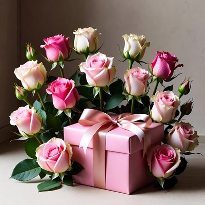 Pink Roses Bouquet on Gift Box