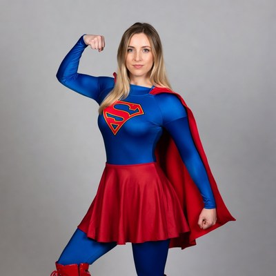 Blonde woman in Supergirl costume flexing