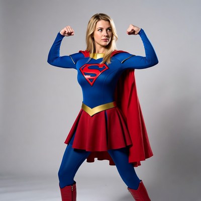 Blonde woman flexing muscles in Supergirl costume