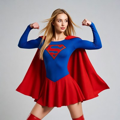 Blonde Supergirl flexing muscles