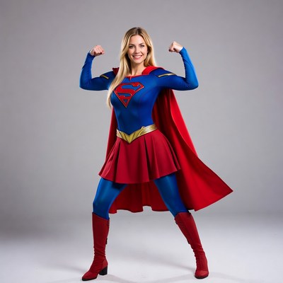 Blonde woman as Supergirl flexing muscles