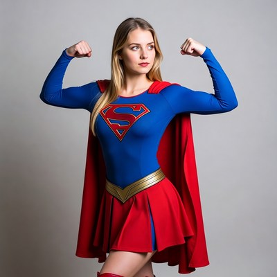 Blonde woman in Supergirl costume flexing