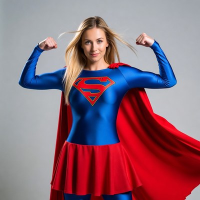 Blonde woman in Supergirl costume flexing