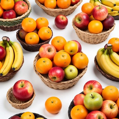 Baskets of Fresh Oranges Apples Bananas