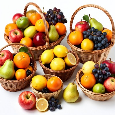 Assortment of Fresh Fruits in Wicker Baskets