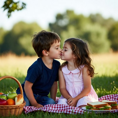 Boy and girl kissing at picnic