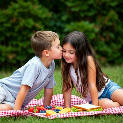 Boy and girl kissing on picnic