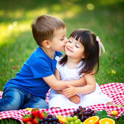 Boy kissing girl on picnic